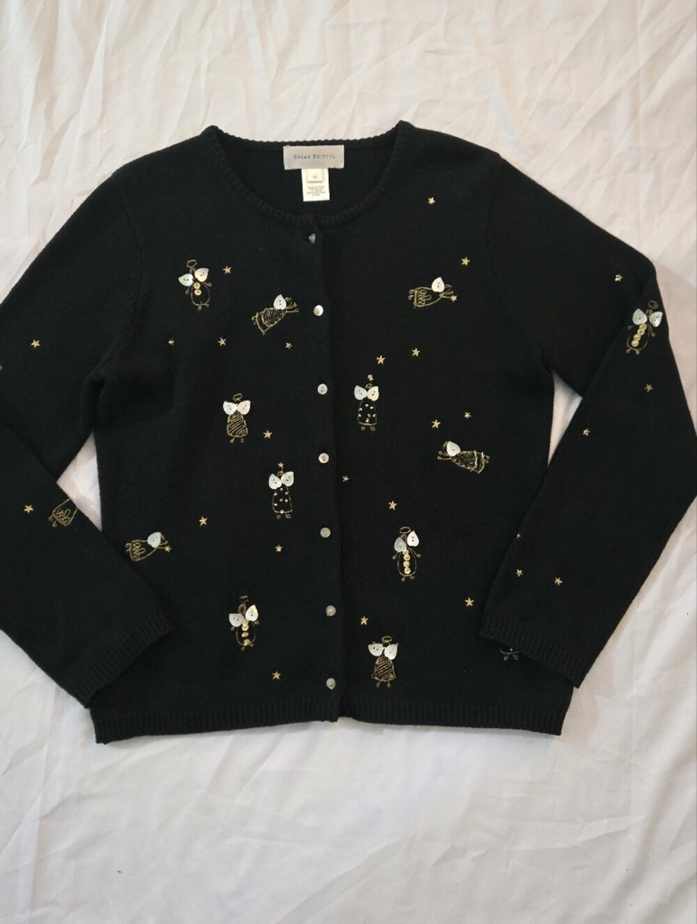 Susan Bristol Black Embroidered Angel Cardigan with Gold Accents